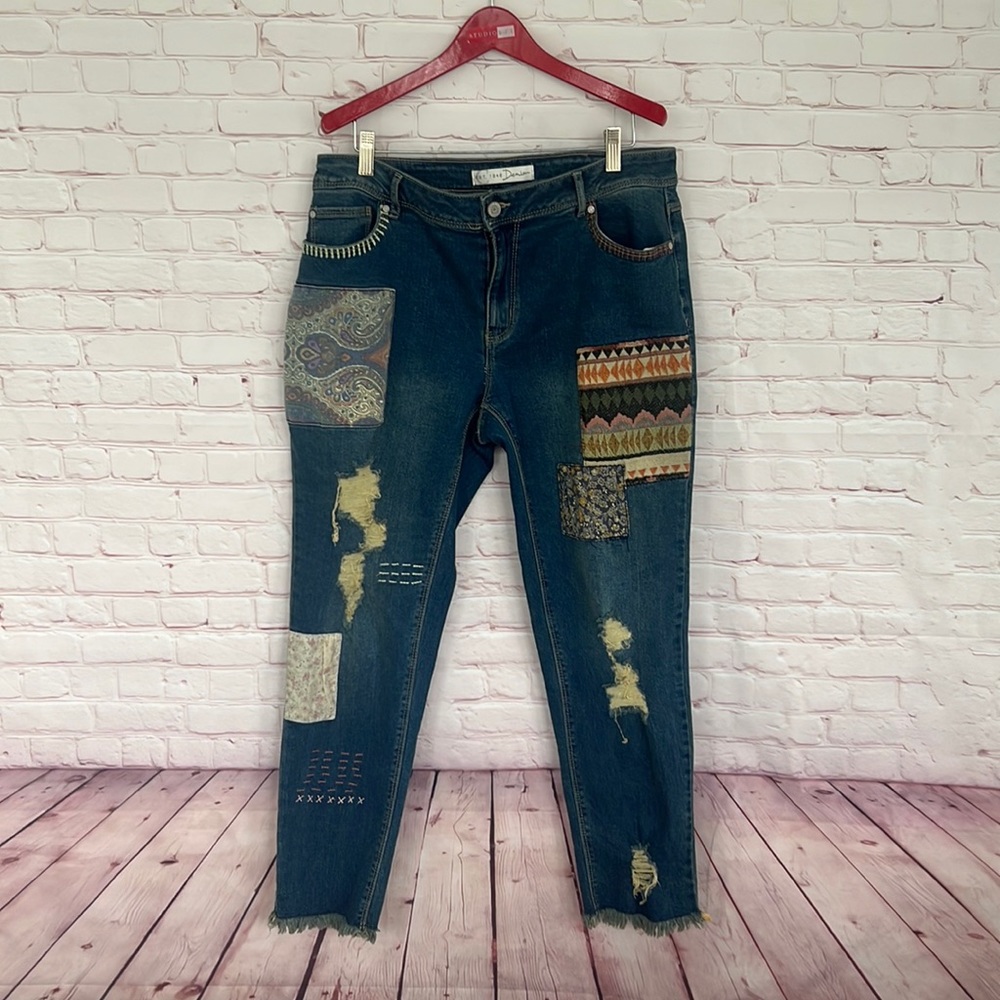 Patchwork distressed ankle denim jeans size 12